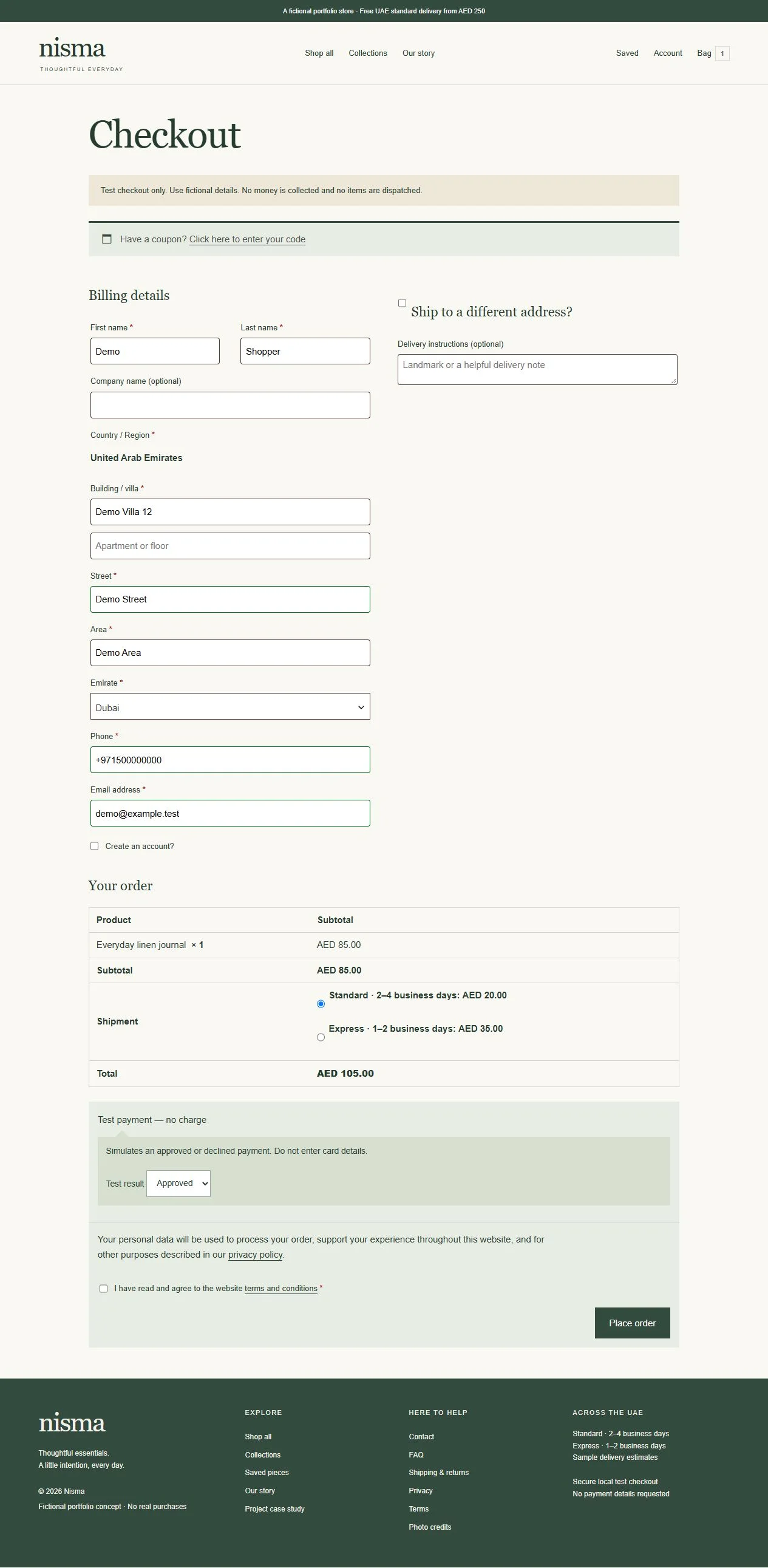 Guest checkout: UAE address fields, order summary and approved/declined local payment simulator.